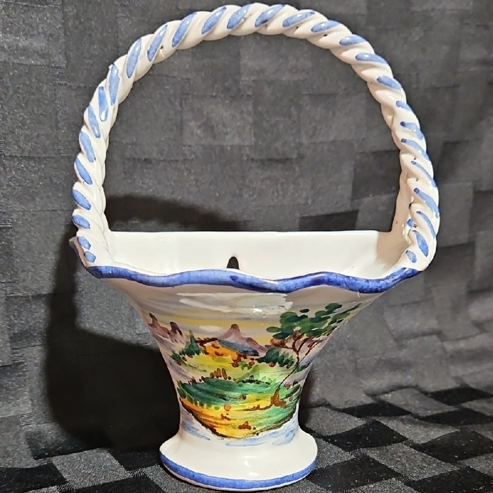 Handcrafted Italian Majolica Ceramic Wall Pocket Vase Basket Planter